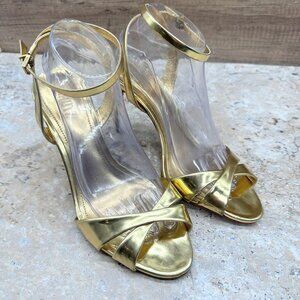 Schutz Gold Metallic Heels Strappy Sandals Ankle Strap Stiletto Size 10B